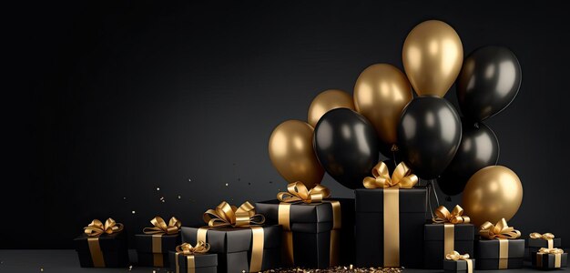 Representación 3D de globos dorados y negros vectoriales con cajas de regalo sobre fondo oscuro