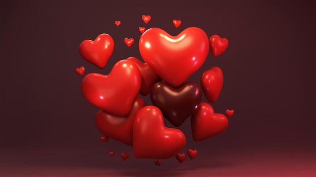 Representación 3D de globos con forma de corazón brillante rojo realista