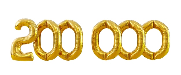 Representación 3D de globos numéricos dorados doscientos mil o 200k aislados en fondo blanco celebración de 200k seguidores