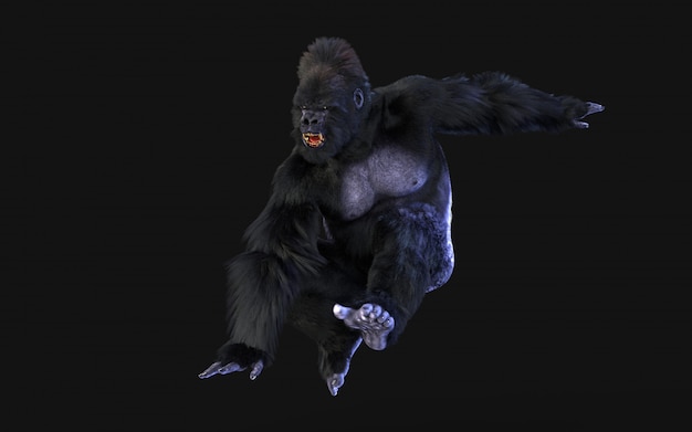Foto representación 3d de gorila sobre fondo oscuro