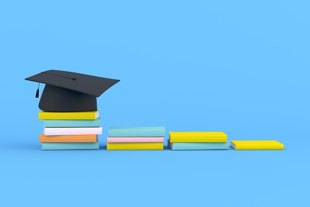 Foto representación 3d de gorro de graduación en libros en forma de escalera sobre fondo azul. concepto de éxito.