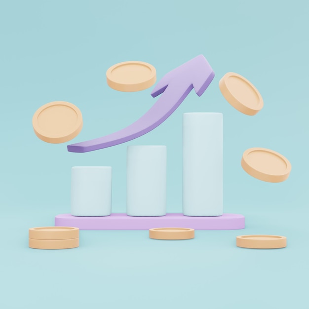 Representación 3D del gráfico y la abundancia de monedas y flechas que apuntan hacia arriba el concepto de icono del mercado de valores de inversión en el estilo de dibujos animados de ilustración de fondo 3D Render