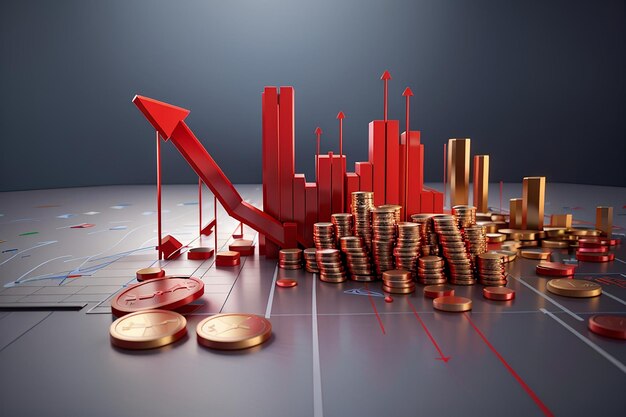 La representación 3D del gráfico comercial mínimo se desploma en rojo con monedas y la flecha apuntando hacia abajo en el concepto de fondo de la tendencia del análisis de datos del mercado de valores en la ilustración de representación 3D del mercado de valores