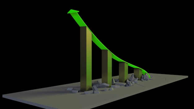 Representación 3D de un gráfico de crecimiento empresarial con una flecha hacia arriba y derribando barreras