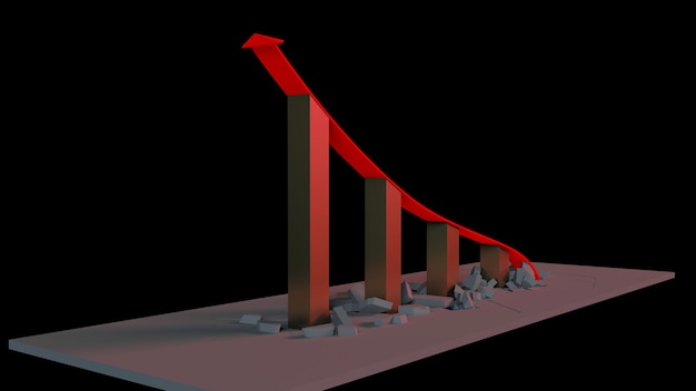 Representación 3D de un gráfico de crecimiento empresarial con una flecha hacia arriba y derribando barreras