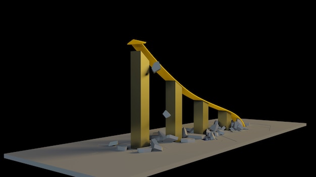 Representación 3D de un gráfico de crecimiento empresarial con una flecha hacia arriba y derribando barreras