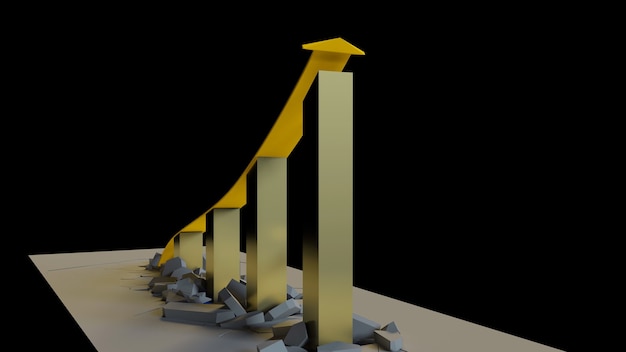 Representación 3D de un gráfico de crecimiento empresarial con una flecha hacia arriba y derribando barreras