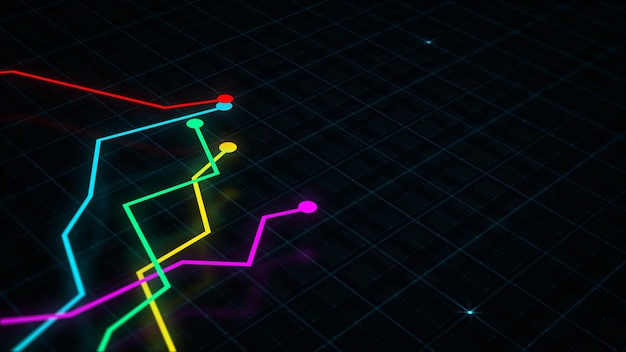 Representación 3D de un gráfico de líneas de ingresos digitales techstyle contra un fondo de cuadrícula de alta tecnología