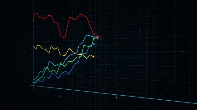 Representación 3D de un gráfico de líneas de ingresos digitales techstyle contra un fondo de cuadrícula de alta tecnología