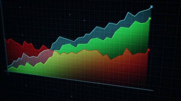 Representación 3D de un gráfico de líneas de ingresos digitales techstyle contra un fondo de cuadrícula de alta tecnología