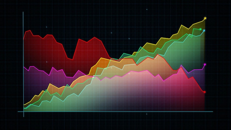 Foto representación 3d de un gráfico de líneas de ingresos digitales techstyle contra un fondo de cuadrícula de alta tecnología