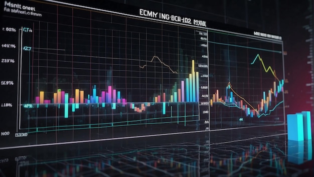 Una representación 3D de un gráfico del mercado de valores con barras verdes y rojas