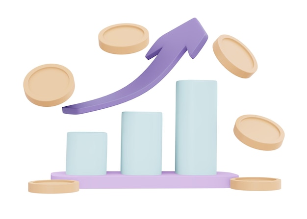 Foto representación 3d del gráfico de monedas y el icono de flecha apuntando hacia arriba con espacio para el concepto de texto del mercado de valores de inversión aislado en el estilo de dibujos animados de ilustración de fondo blanco 3d render