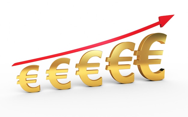 Representación 3d Gráfico de signos de euro de oro (aislado en blanco y trazado de recorte)