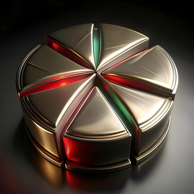 Una representación 3D de un gráfico de tarta de oro dividido en seis segmentos