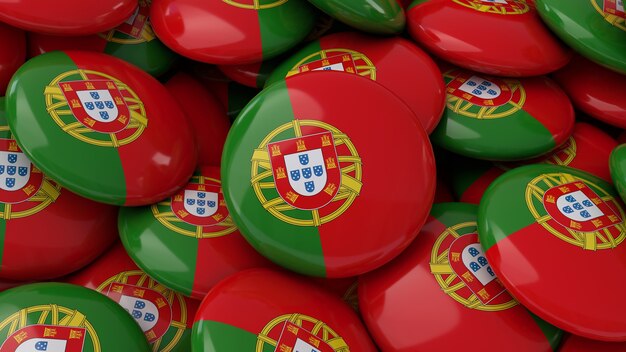 Representación 3D de una gran cantidad de insignias con la bandera portuguesa en una vista de cerca