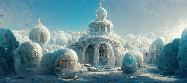 Representación 3d del gran templo de hielo sagrado con capilla de bóveda hemisférica con salón subterráneo y altar