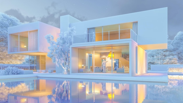 Representación 3D de una gran villa contemporánea con impresionante jardín y piscina con efecto congelado
