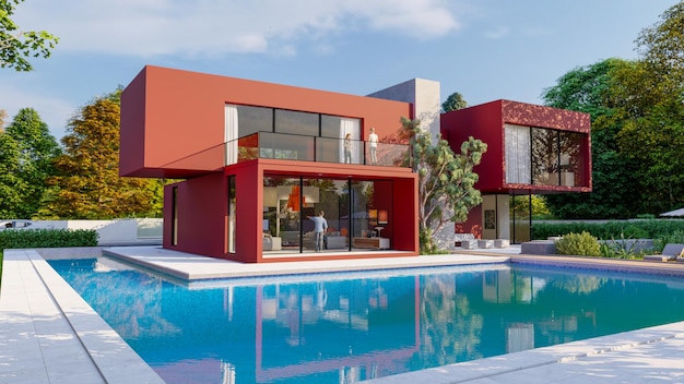 Representación 3D de una gran villa roja contemporánea con un impresionante jardín y piscina