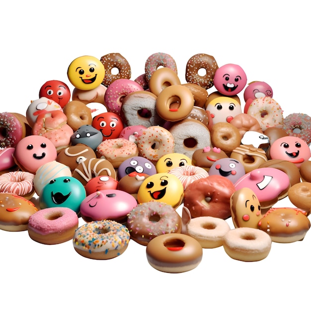 Representación 3d de un grupo de donuts con diferentes expresiones faciales