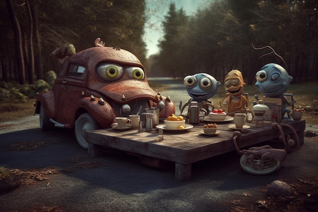 Representación 3D de un grupo de monstruos divertidos en el bosque Ilustración 3d Estilo vintage