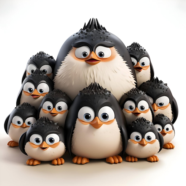 Representación 3D de un grupo de pingüinos sobre un fondo blanco.