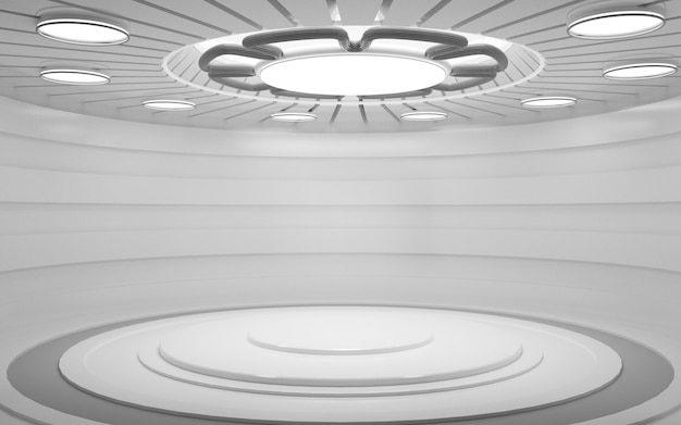 Representación 3D de una habitación blanca vacía con luces decorativas y un podio redondo para exhibición de productos