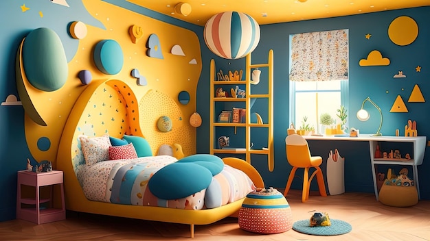 Representación 3d de la habitación de los niños con muebles y juguetes azules y amarillos.