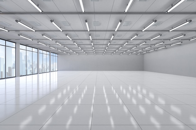 Representación 3D de una habitación vacía con paredes blancas y piso.
