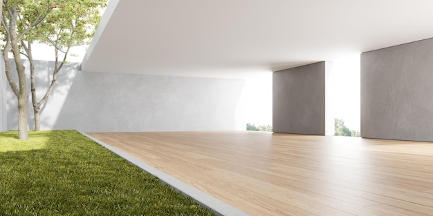 Representación 3d de una habitación vacía con piso de madera y muro de hormigón