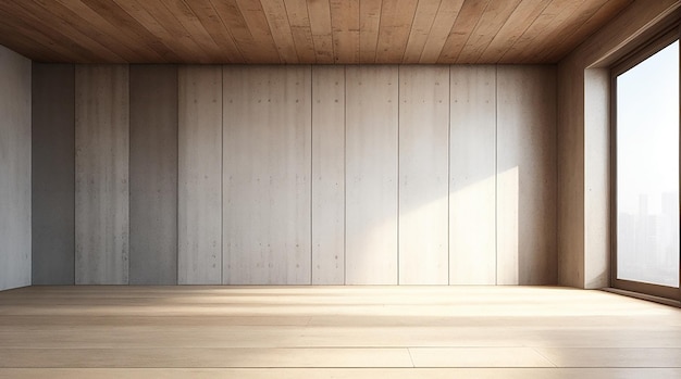 Representación 3d de una habitación vacía con piso de madera y muro de hormigón