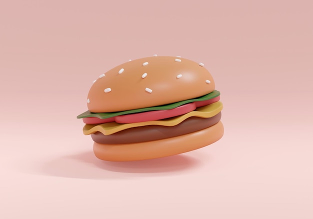 Representación 3D de hamburguesa en el fondo. Ilustración de render 3D.