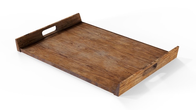 Representación 3D de una hermosa bandeja de mesa de centro de madera vacía para la plantilla de maqueta de superposición de productos en el fondo con la luz del sol de la mañana Telón de fondo Tono de la tierra Descanso de té orgánico natural