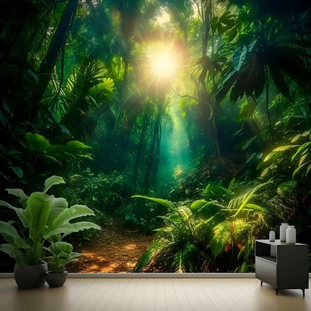 Representación 3D de una hermosa jungla tropical con plantas en la habitación