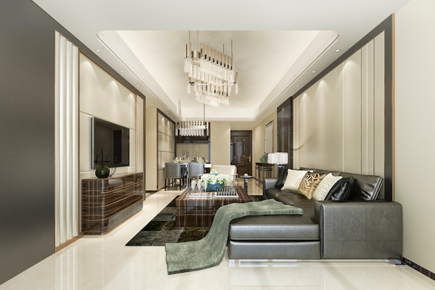 Representación 3D hermoso comedor moderno y sala de estar con decoración de lujo