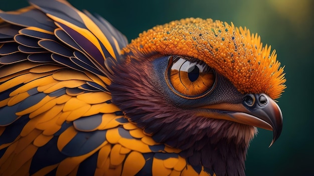 Representación 3D de un hermoso pájaro con plumas naranjas y amarillas