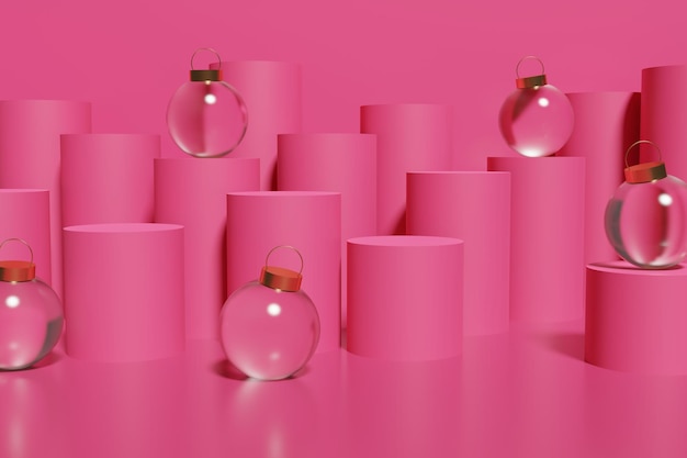 Representación 3d de hermosos adornos navideños de vidrio metálico en podios magenta sobre un fondo rosa brillante