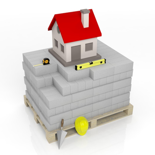 Representación 3D de herramientas de albañilería y ladrillos con el símbolo de la casa en la parte superior aislado en blanco