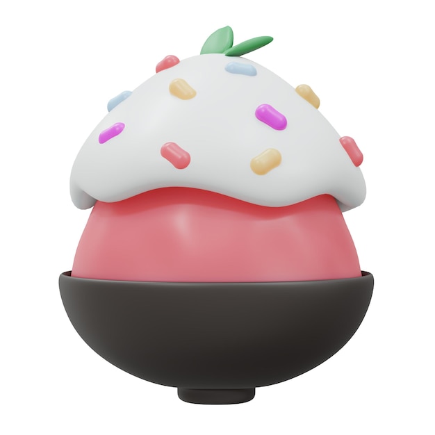 Representación 3D de hielo raspado bingsu de caramelo aislado en blanco estilo de dibujos animados de render 3d