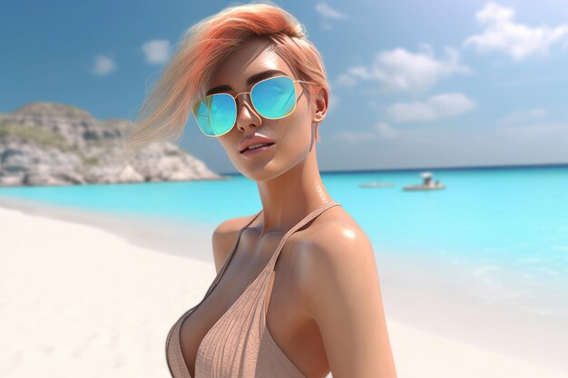 Representación 3D hiperrealista de una mujer atractiva en una playa de verano