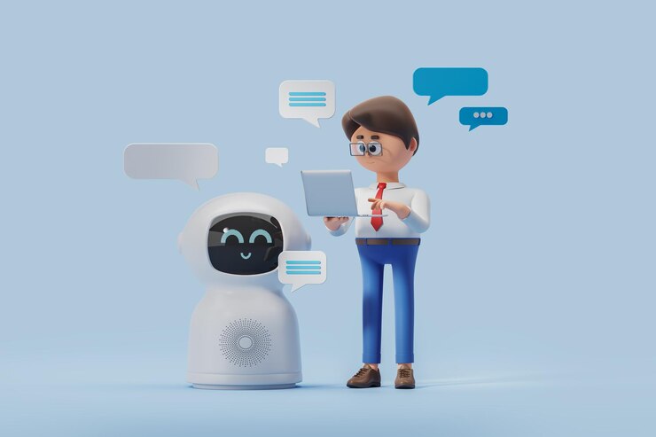 Foto representación 3d hombre de dibujos animados con computadora portátil pidiendo información al robot