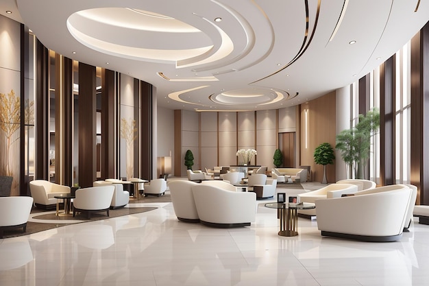 Representación 3d de un hotel de lujo moderno y recepción de oficinas y salón de reuniones