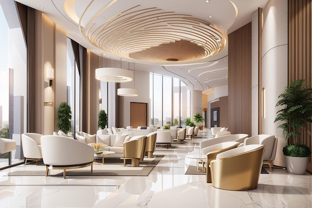 Representación 3d de un hotel de lujo moderno y recepción de oficinas y salón de reuniones