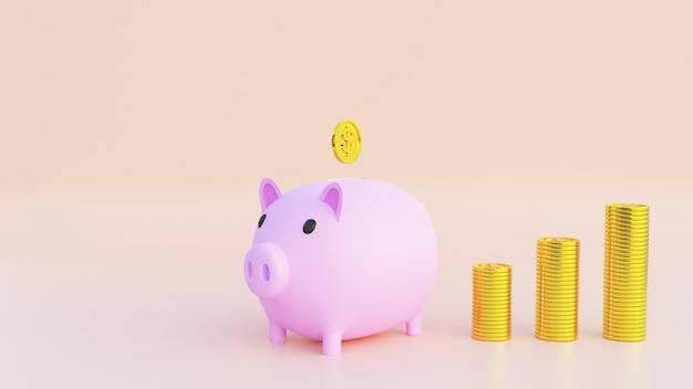 Representación 3D. Hucha rosa con monedas de oro cayendo. El concepto de ahorrar o ahorrar dinero. Copie el espacio para su texto en el fondo. Ilustración 3D.