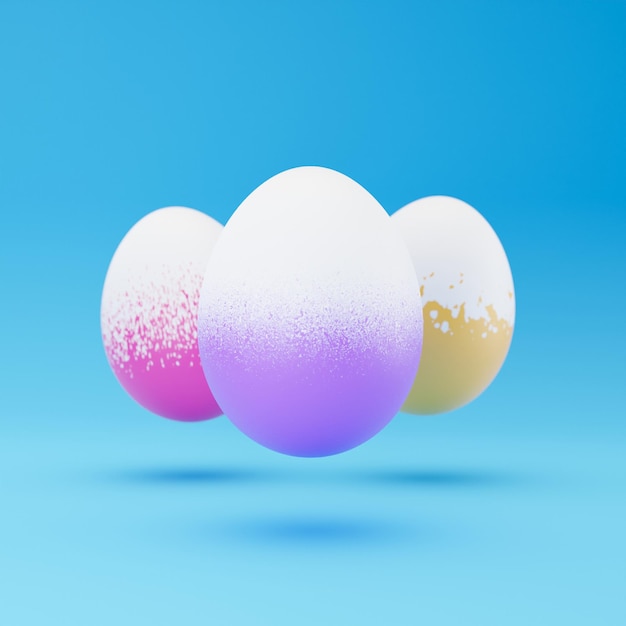 Representación 3D de huevos de Pascua de levitación que caen con un patrón diferente sobre fondo azul Huevos de Pascua coloridos sobre fondo azul pastel Diseño creativo Representación 3d