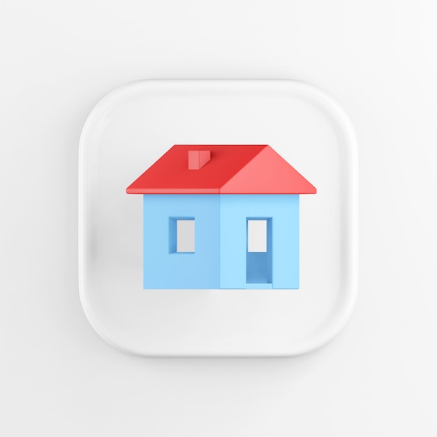 Representación 3D icono de botón cuadrado blanco, casa azul con techo rojo aislado sobre fondo blanco.