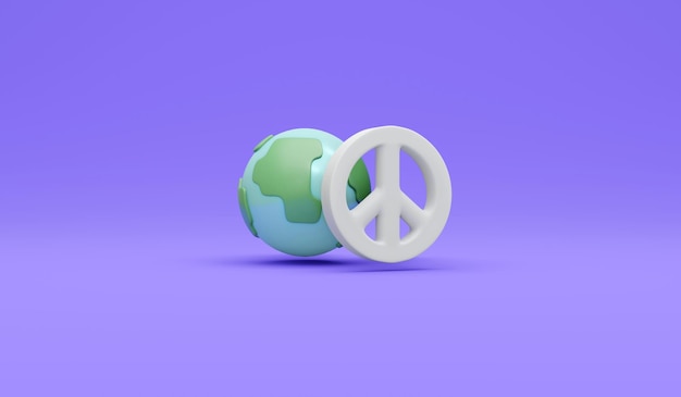 Representación 3D del icono del globo y el signo de la paz en el concepto de fondo de ninguna guerra deja de luchar para salvar el mundo 3D Render ilustración estilo de dibujos animados