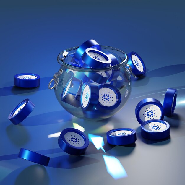 Representación 3D del icono de la moneda Cardano ADA en una olla