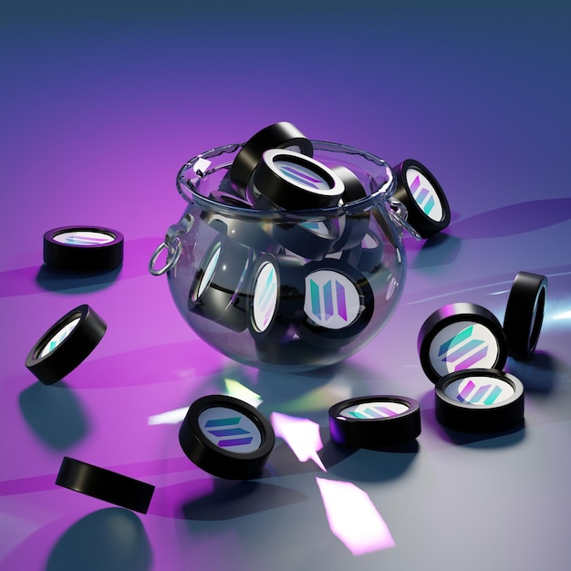 Representación 3D del icono de la moneda Solana SOL en una olla