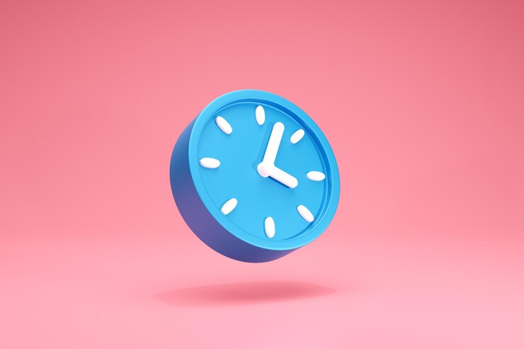 Representación 3D Icono de símbolos de reloj azul circular sobre fondo Vista en perspectiva roja